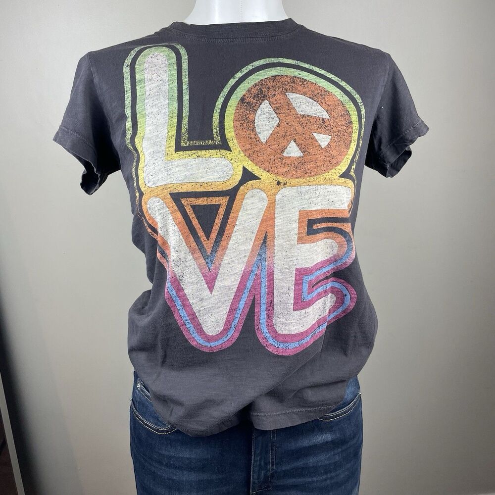 Vintage Lucky Brand Baby Tee Sz S Faded Gray Black Graphic Love Peace Lucky Tees
